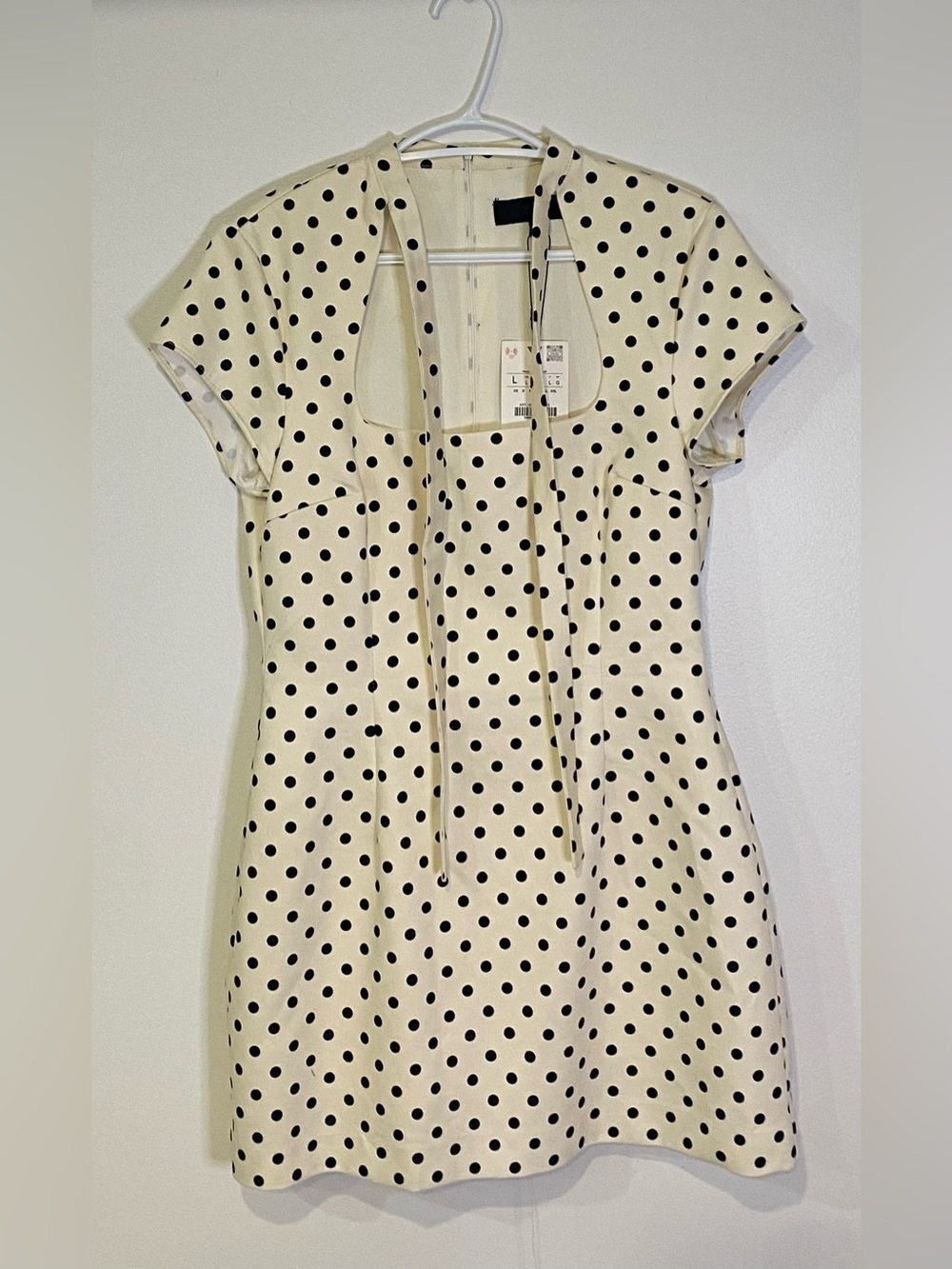 ZARA Polka Dot Short Dress with Tie Detail Cream & Black Large